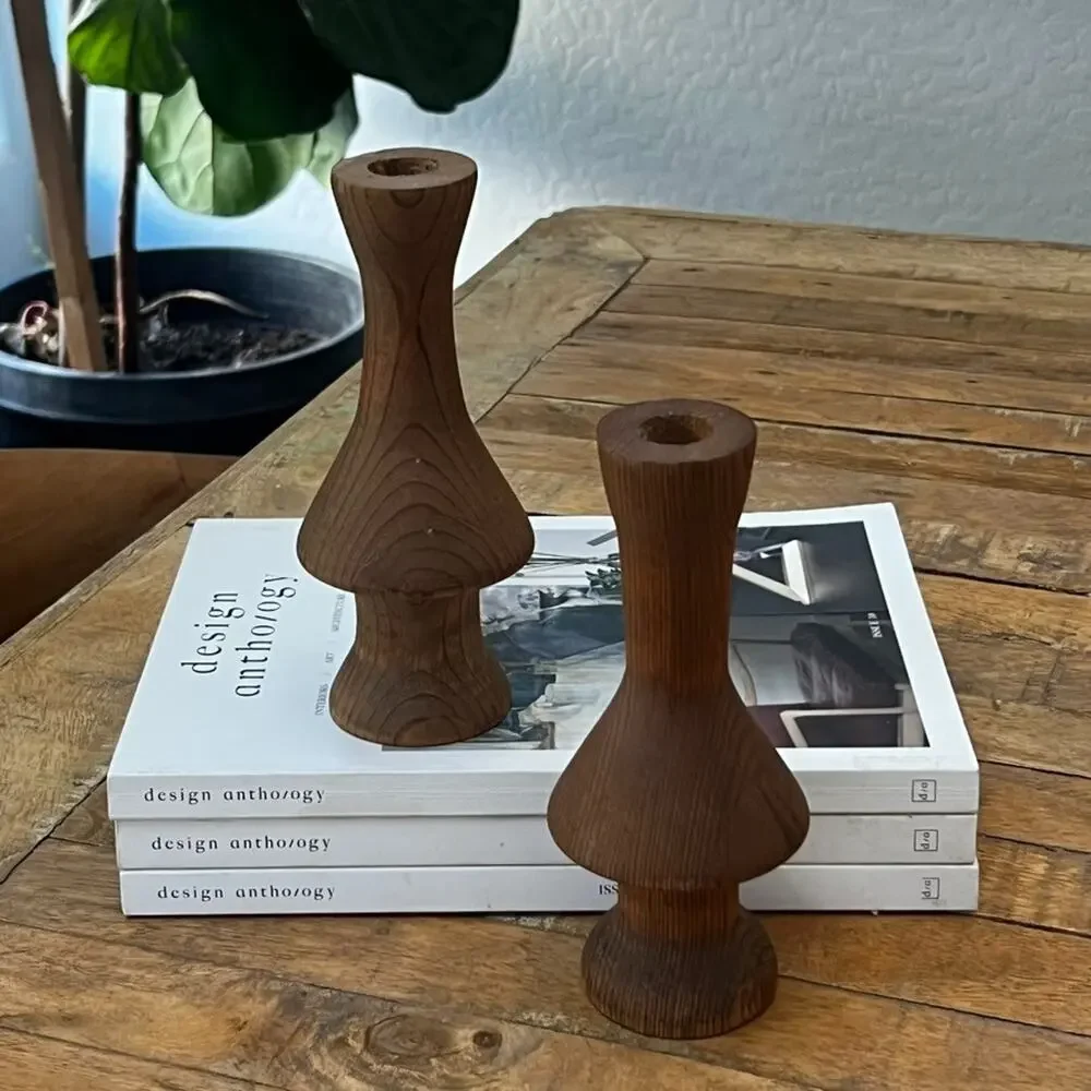 Hand Turned Wood Candlestick Holders Tapered 6.5
